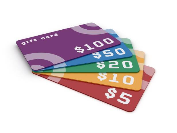 5 colorful gift cards in different amounts of $5, $10, $20, $50 and $100.