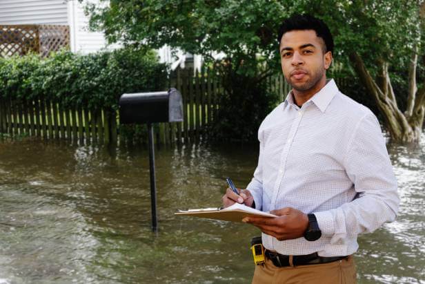 Man in white shirt holding clipboard in flooded natural disaster.